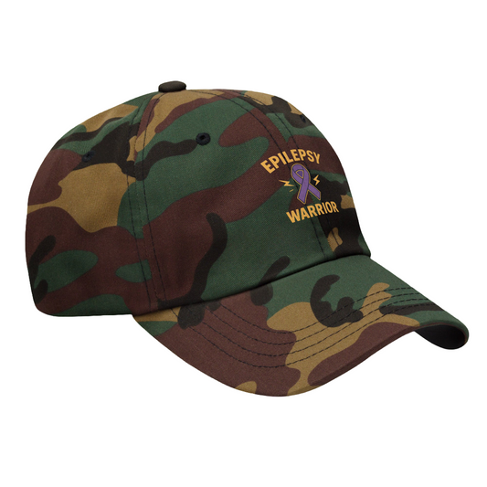 Camouflage cap with 'Epilepsy Warrior' text and logo on a purple background